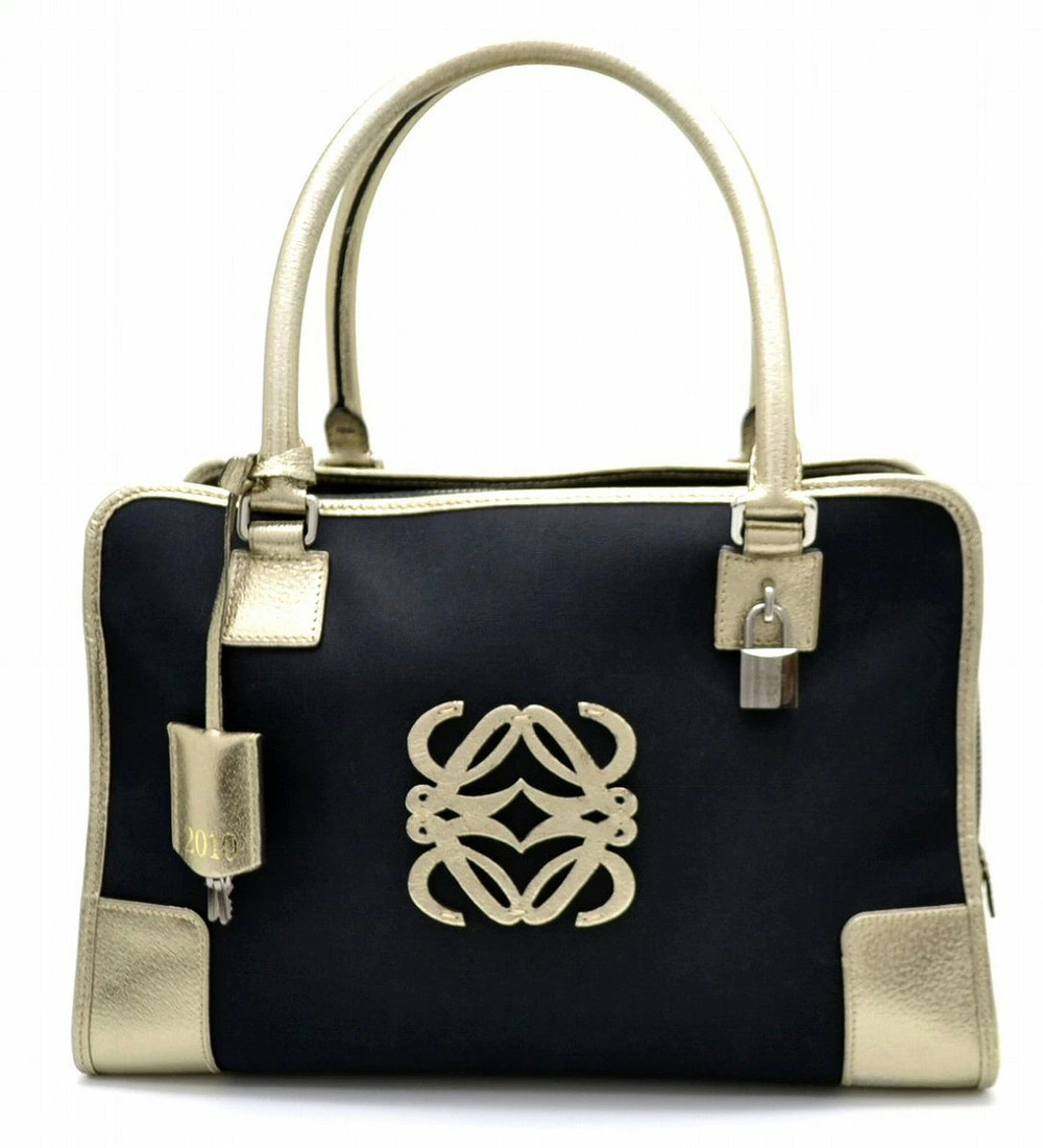 Loewe Amazona Boston Handbag Leather Canvas Black Gold